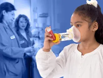 young girl with inhaler device