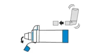 diagram depicting how to insert inhaler into aerochamber plus flow-vu device