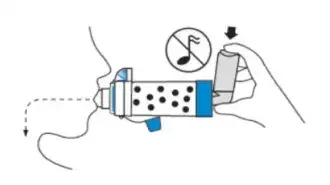 diagram depicting how to press inhaler in aerochamber plus flow-vu device