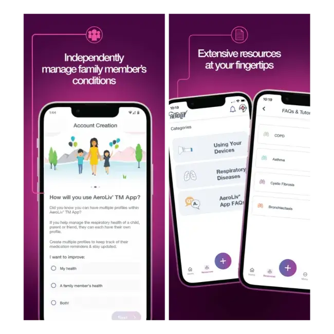 Phones display the Aeroliv app: Independently manage family member's conditions. Extensive resources at your fingertips.