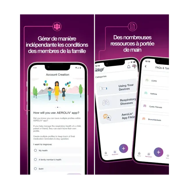 Les téléphones affichent l'application Aeroliv : gérez indépendamment les conditions des membres de la famille. Beaucoup de ressources à portée de la main.