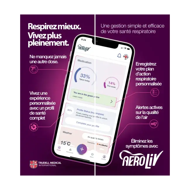 Un téléphone affiche l'application Aeroliv : Respirez mieux. Vivez plus pleinement. Une gestion simple et efficace de votre santé respiratoire. Ne manquez jamais une autre dose. Vivez une expérience personnalisée avec un profil de santé complet. Enregistrez votre plan d'action respiratoire personnalisé. Alertes actives sur la qualité de l’air. Éliminez les symptômes avec Aeroliv.