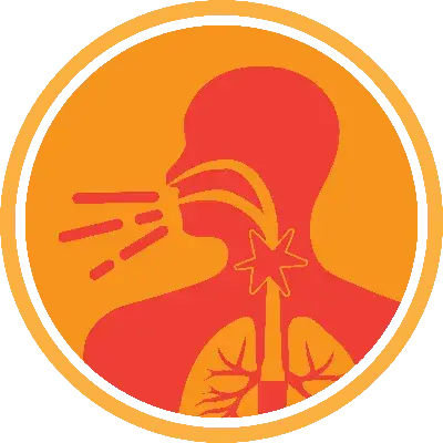 red and orange icon depicting human coughing with throat obstruction