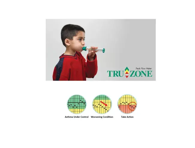 child wearing red shirt using truzone peak flow meter device